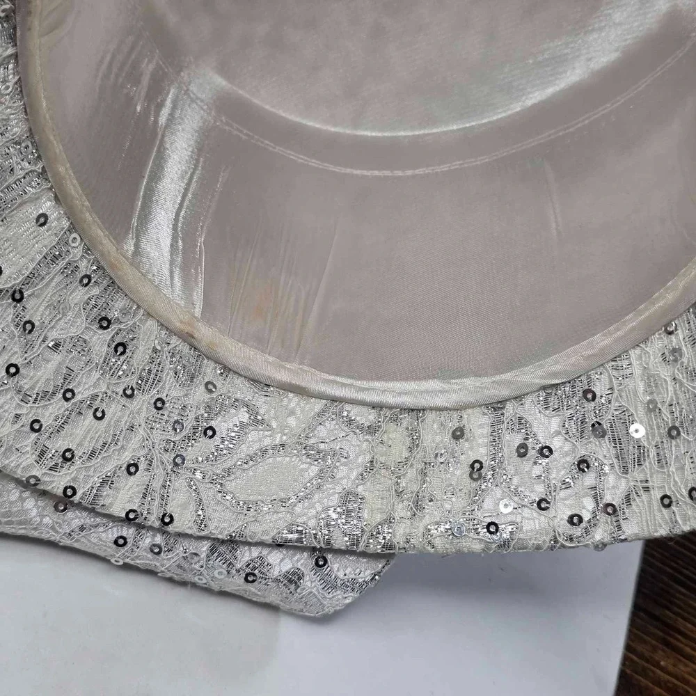 Ms Divine Hat Sun Women's Derby Church Brim Bow‎ Rhinestone Sequin White Silver
